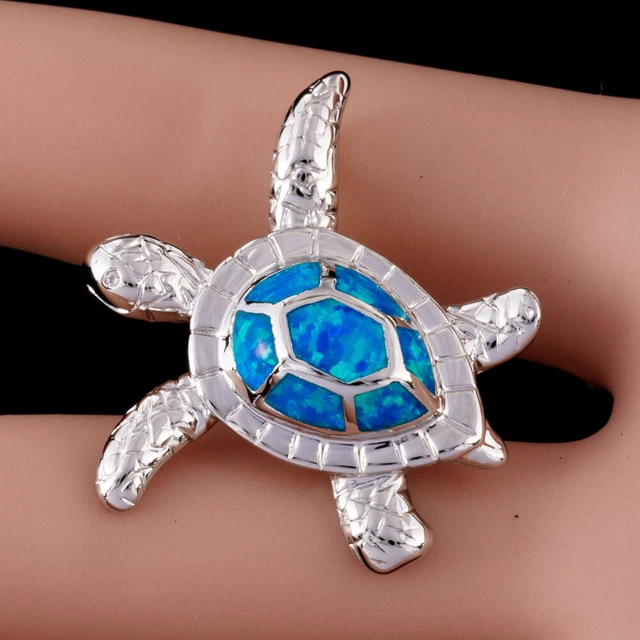 OCEAN BLUE FIRE Opal Hawksbill Sea Turtle Silver Jewelry Pendant for ...