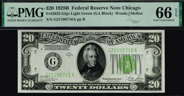 LGS NOTE. Light Green Seal. $20 1928B Chicago FRN.  PMG 66 EPQ.