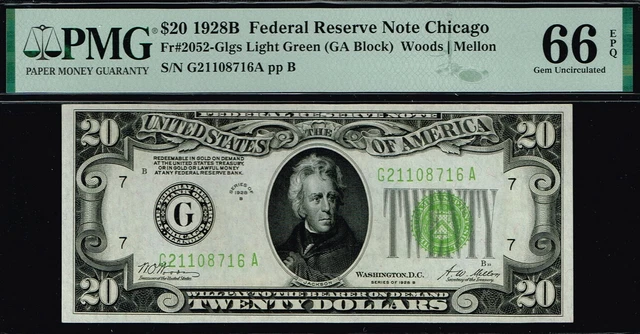 LGS NOTE. Light Green Seal. $20 1928B Chicago FRN.  PMG 66 EPQ.