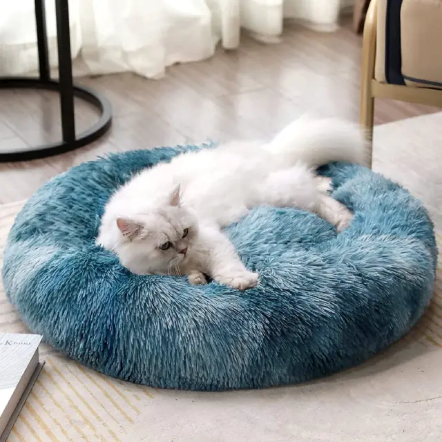 Round Dog Cat Bed Donut Cuddler, Faux Fur Plush Pet Cushion for Large Medium Sma