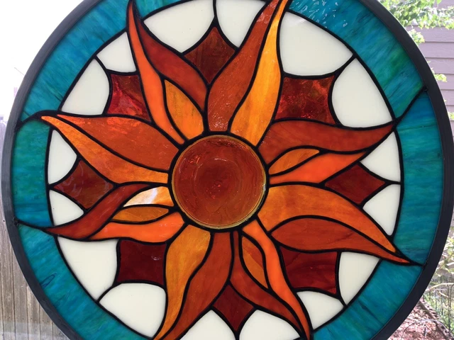 “Sunburst” Stained Glass Window Panel Hanging- 18” In Diameter