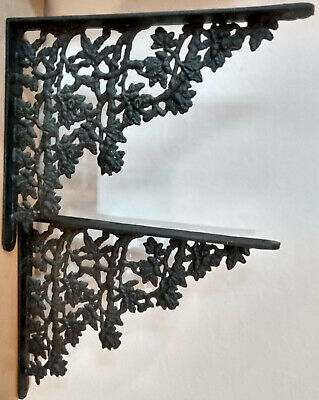 Pair Cast Iron Shelf Brackets Vintage Look Leaf Tree Pattern Design 11 x 9 1/4"
