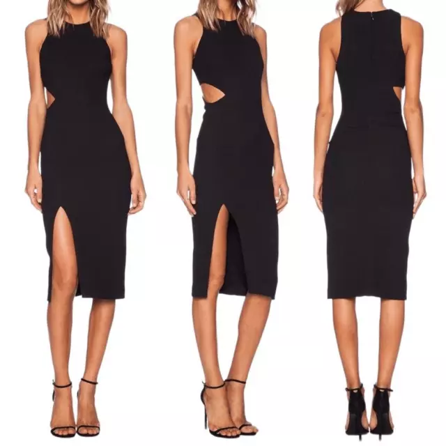 Elizabeth and James Giulia Cut Out Slit Fitted Midi Dress in Black Women’s Sz 2