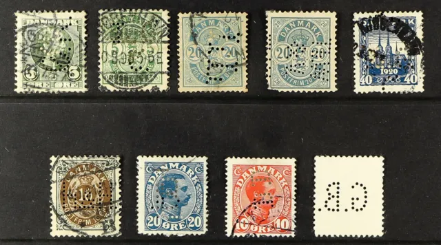 Denmark Perfins 1897-1934 Used Group, Incl "Gb" (9 Stamps)