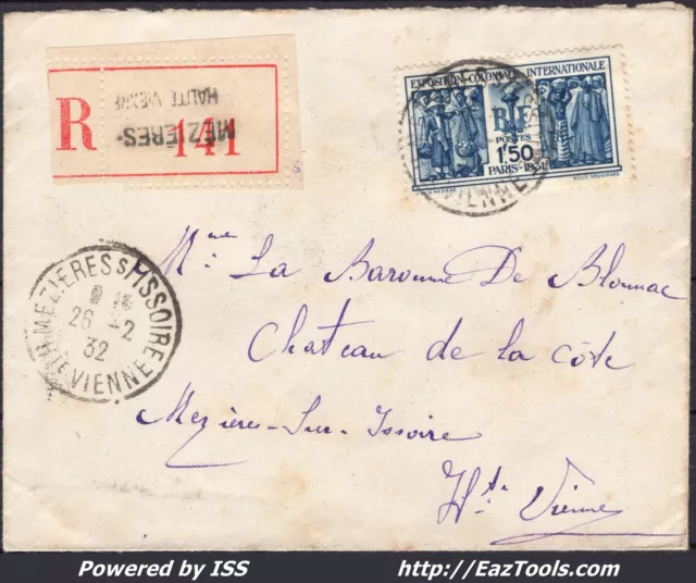 France N° 274 Seul Sur Lettre Recommandée Cad Mezieres Sur Issoire Du 26/02/1932