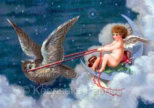 Owl Pulls Cherub Riding the Moon Quilt Block Multi Szs FrEE ShiPPinG WoRld WiDE