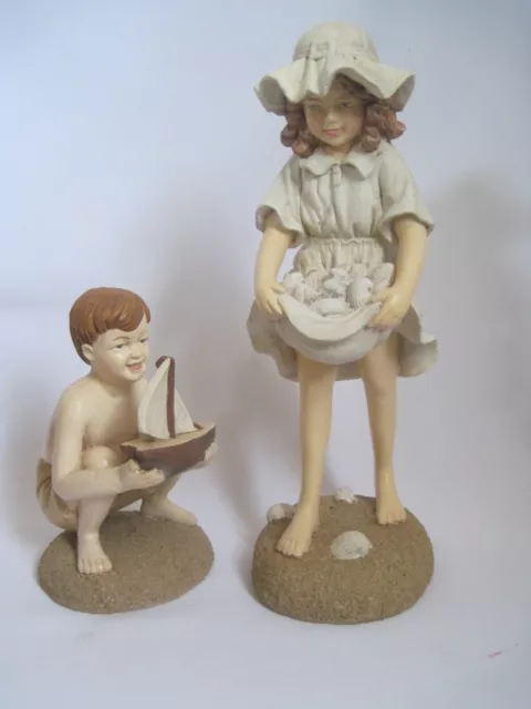 Antique Figurines Victorian Beach Themed Seashell Collecting & Sailboats VTG
