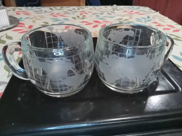 Set of 2 Vintage NESTLE Etched Glass World Globe Coffee Mugs, WTC 1974