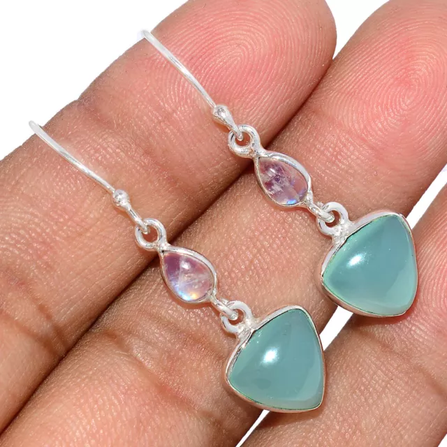 Treated Aqua Chalcedony & Moonstone 925 Sterling Silver Earring Jewelry BE131702