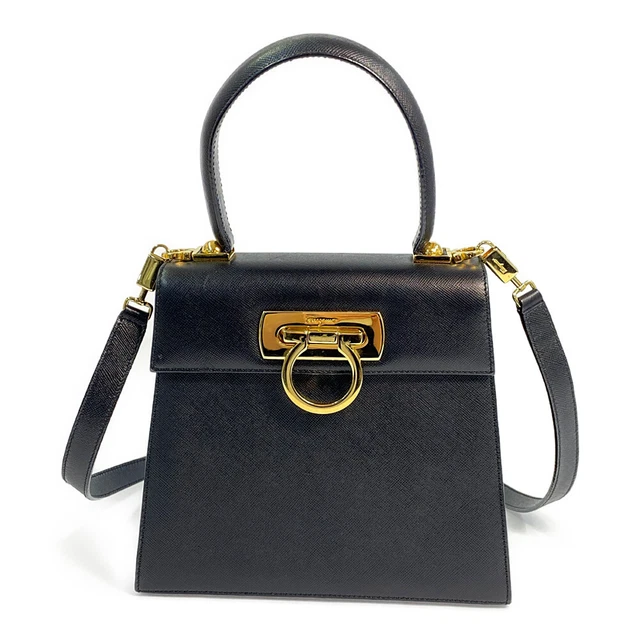 Salvatore Ferragamo Gancini Saffiano Leather Top Handle 2WAYShoulder Bag/Black