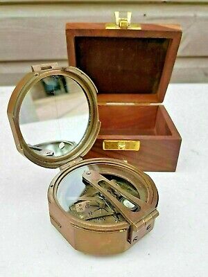 Antique Stanley London Compass Nautical Brass Brunton Compass With Wooden box