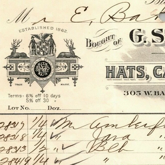 1898 Letterhead Billhead G.S. Howser & Co. Straw Goods Baltimore Ephraim Baker*