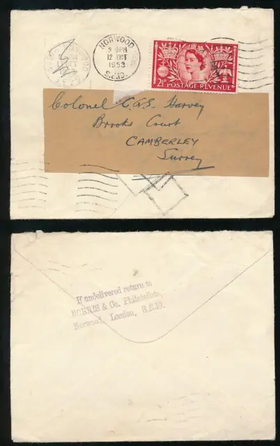 GB 1953 STAMP DEALER NORRIS HANDSTAMP + RETURNED..3 STRIKES of DIAMOND MACHINE