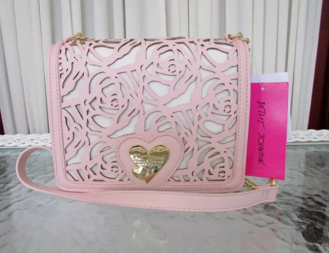 Betsey Johnson Floral Crossbody Bag Die-Cut Laser Cut Blush Pink Card Slips NWT