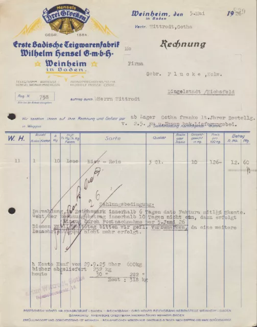 WEINHEIM BADEN, Rechnung 1926, "Drei Glocken" Teigwaren-Fabrik W. Hensel GmbH