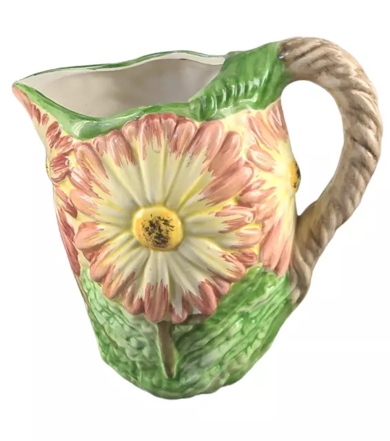 Colorful Italian Tuscan Pottery Hand Painted Floral Majolica Sunflower Pitcher