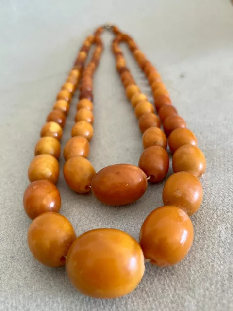 double rang COLLIER AMBRE ANCIEN ANTIQUE GENUINE AMBER NECKLACE olive 65 gm