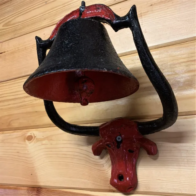 Red Black Painted Vtg Cast Iron Dinner Bell Longhorn Steer Bull Cow Barn Ranch