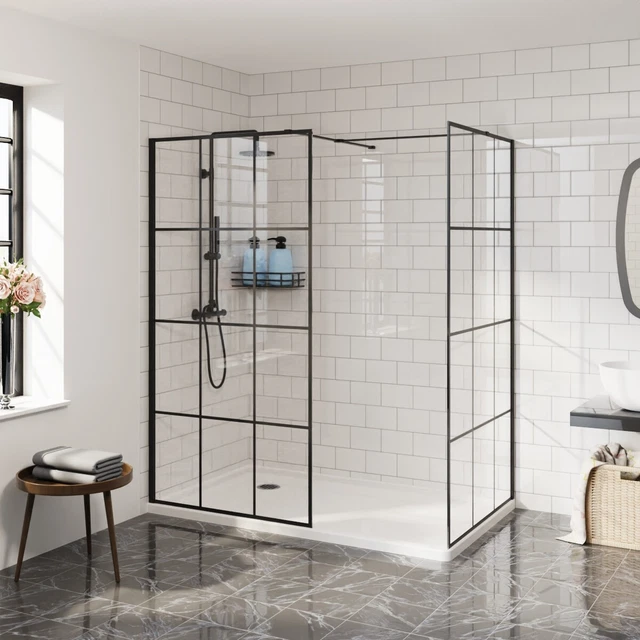 Walk In Shower Enclosure Wet Room Screen Black Grid Cubicle 8mm Glass Panel