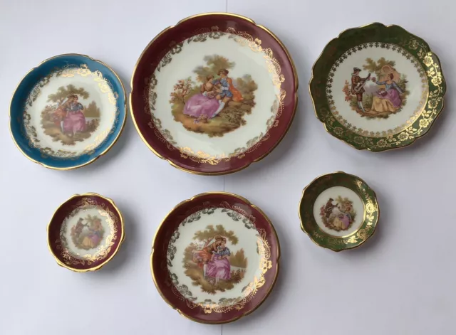 6 x Vintage Limoges France Miniature Hand Painted Plates Courting Couple
