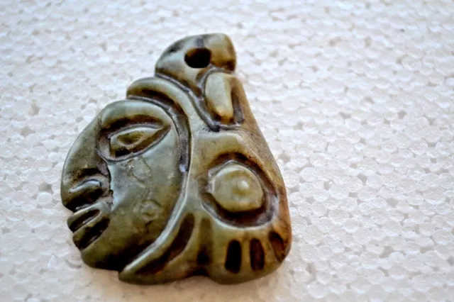 Antique Pre Columbian Lite Green Jade Pendant With Half Of Face Man