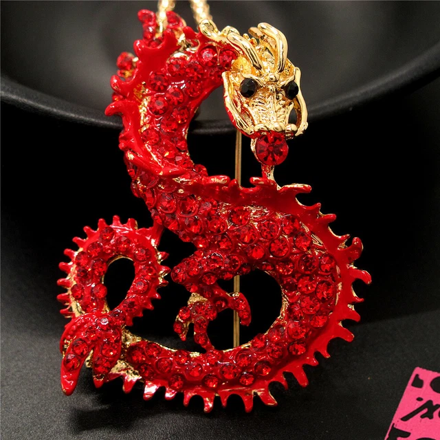 Betsey Johnson Red Enamel Bling Rhinestone Chinese Dragon Pendant Chain Necklace