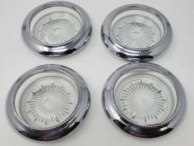 Vintage Silver Plated Coasters (4) with Crystal Glass Bottom Starburst