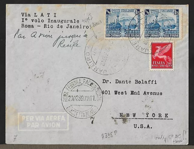Italy To Us Air Mail Via Lati Pair + 1 On First Flight Cover 1939