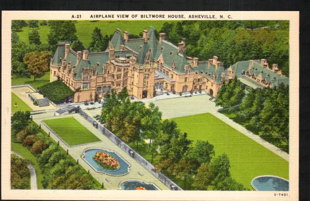Old Postcard Airplane View Biltmore House Asheville NC 1940s Linen card Aerial