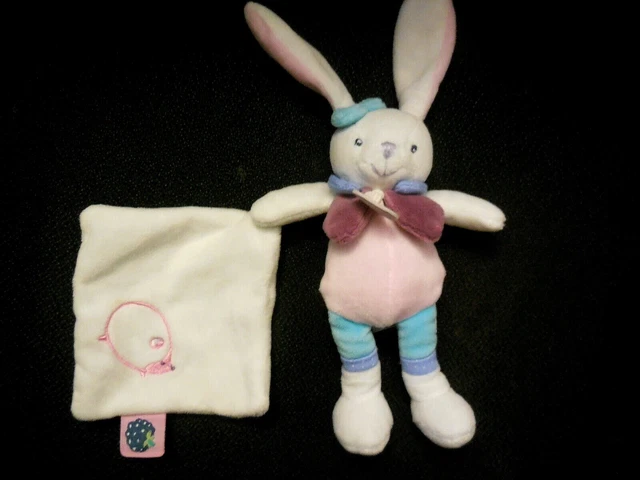 doudou lapin Berry blanc rose + mouchoir brodé hérisson BABY NAT' - état NEUF -