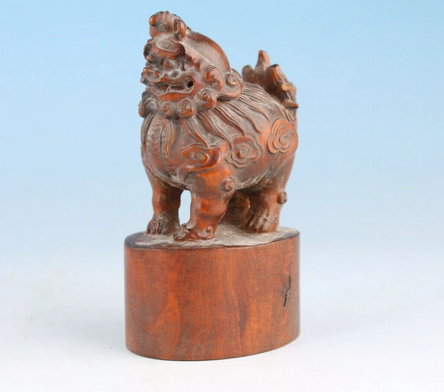 Blessing china boxwood hand carved kirin seal statue netsuke figure table decor