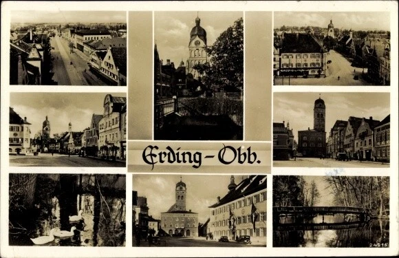Ak Erding in Oberbayern, Straßenpartie, Brücke, Kirche, Rathaus - 3025256
