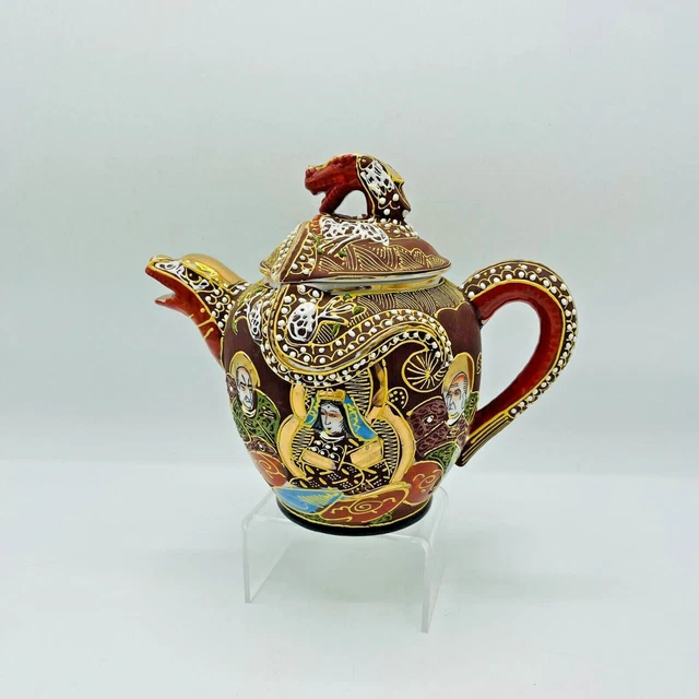 KUTANI SIGNED HAND Painted Japan Teapot With Dragon Spout Handle Brown
