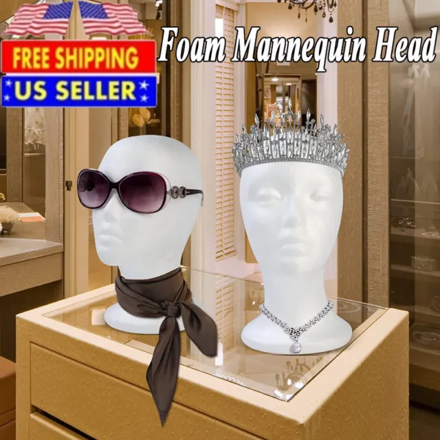White Female Head Model Wig Hair Hat Glass Display Mannequin Foam Styrofoam  FAST