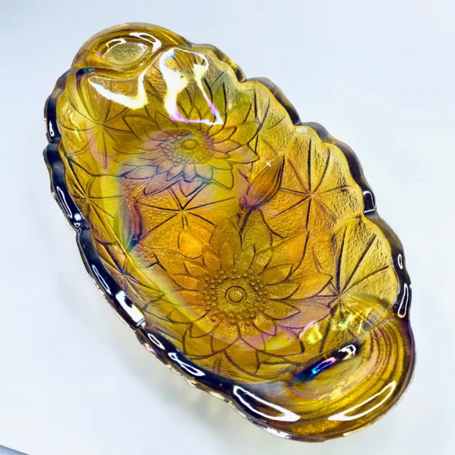 Indiana Carnival Glass Iridescent Amber Marigold Oval Candy Dish Vintage 70s