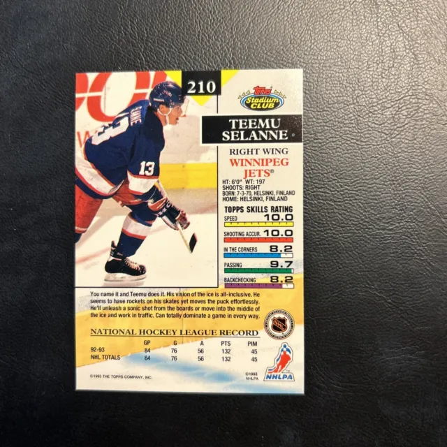 C55c 1993/94 Topps Stadium Club #210 Teemu Selanne Winnipeg Jets