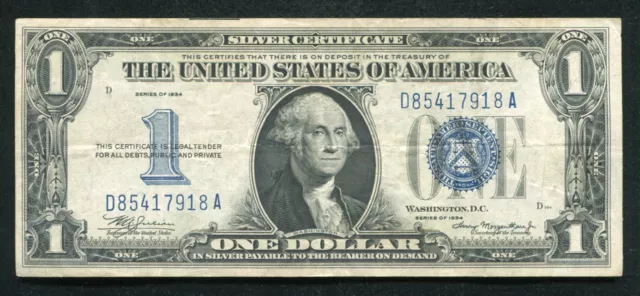 Fr. 1606 1934 $1 One Dollar “Funnyback” Silver Certificate Very Fine+
