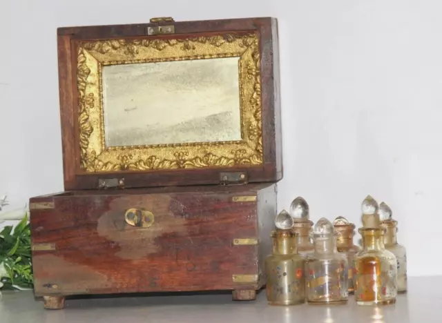 Old Wooden Brass Fitted Handcrafted Perfume Bottles Box With 6 Bottles 9118