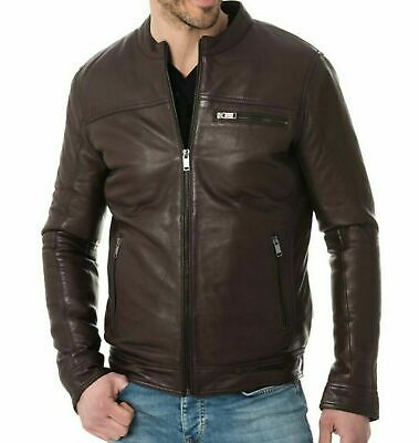 Men's Genuine Sheepskin Leather Brown Motorcycle Slim Fit Vintage Biker Jacket