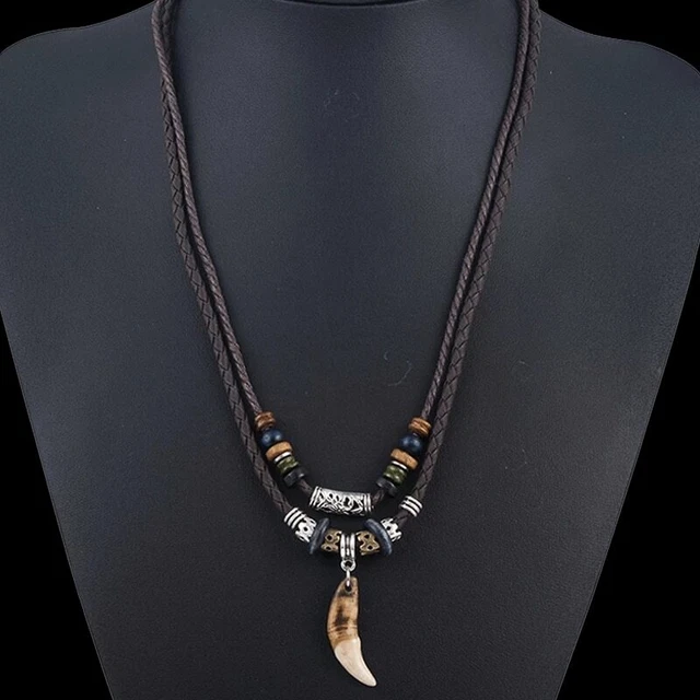 Men Weaved Leather Necklace Vintage Wolf Tooth Pendant Beaded Prayer Necklaces