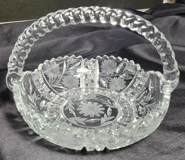 American Brilliant Period Cut Glass Low Bowl/Basket with Twist Handle
