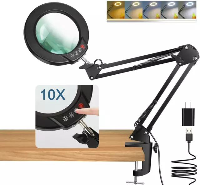 10X Magnifying Glass with Light and Clamp Real Glass Stand Magnifier