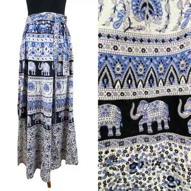 Vintage Womens Floral Block Print Wrap Maxi Skirt Size S/M Elephants Boho