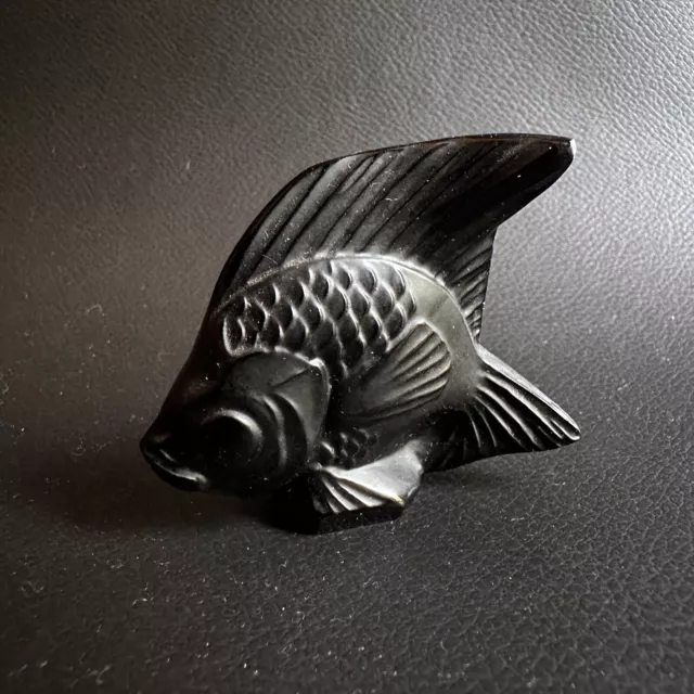 Signed Lalique Black Crystal Art Glass Angel Fish Figurine Made In France