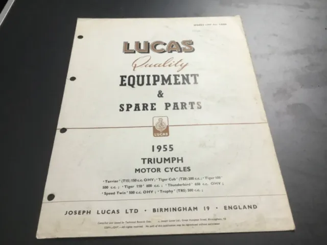 Lucas 1955 Triumph Motor Cycles Spare Parts List