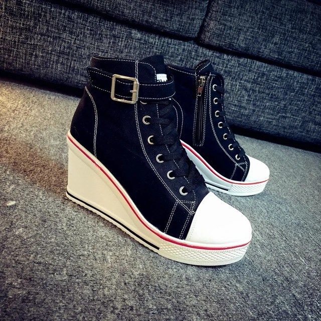 Lady's High Top Wedge Heel Sneakers Women Pumps Lace Up Sport Canvas Shoes New