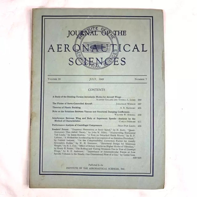 Journal Of The Aeronautical Sciences Magazine Aviation Flight July 1949