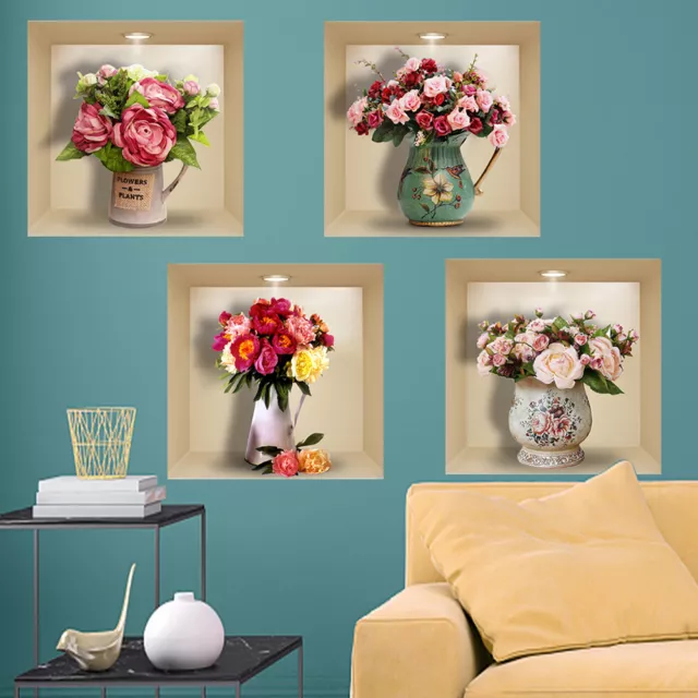 4pcs Rose Vase 3d Decorative Wall Sticker Wall Decals For Living Room Decor