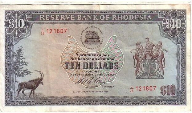 Rhodesia 10 Dollars Banknote 15-09-1975 Pick 37 EF Condition