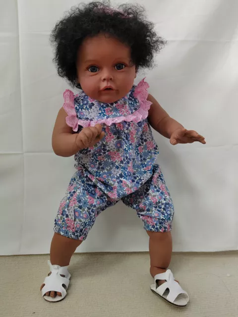 24in Reborn Baby Doll Toddler Girl Dark Black Skin African Afro Hair Soft Vinyl